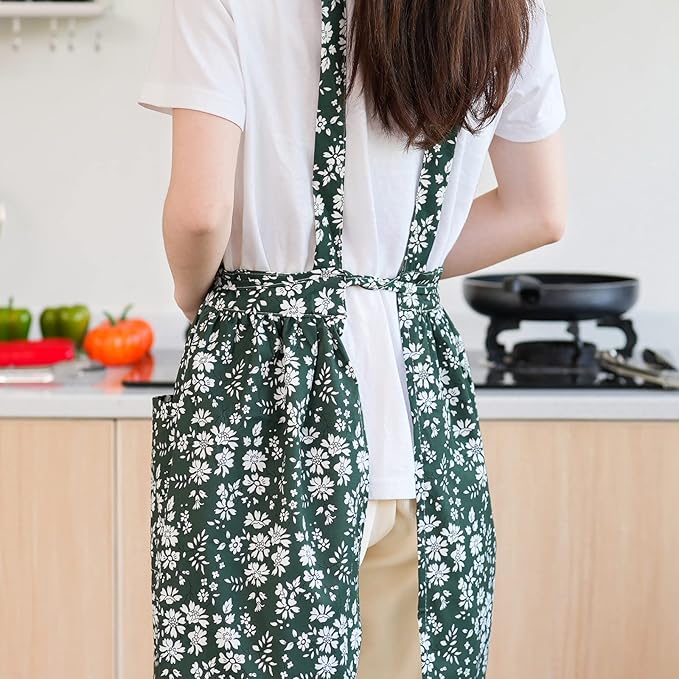Vintage Pinafore Apron Dress for Women with Pockets Cute Floral Chef Aprons for Kitchen Cooking Baking Gardening