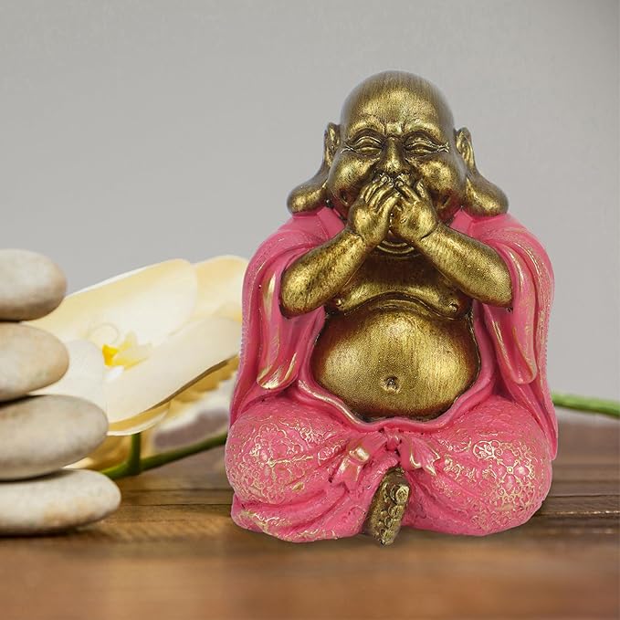 Laughing Buddha Statue - Gold Small Buddha Statues with Three Color Clothes for Home Decor (No See, No Speak, No Hear) - House Decor, Meditation & Feng Shui Gift (5.5 * 4.7 * 6.7") (Pink)