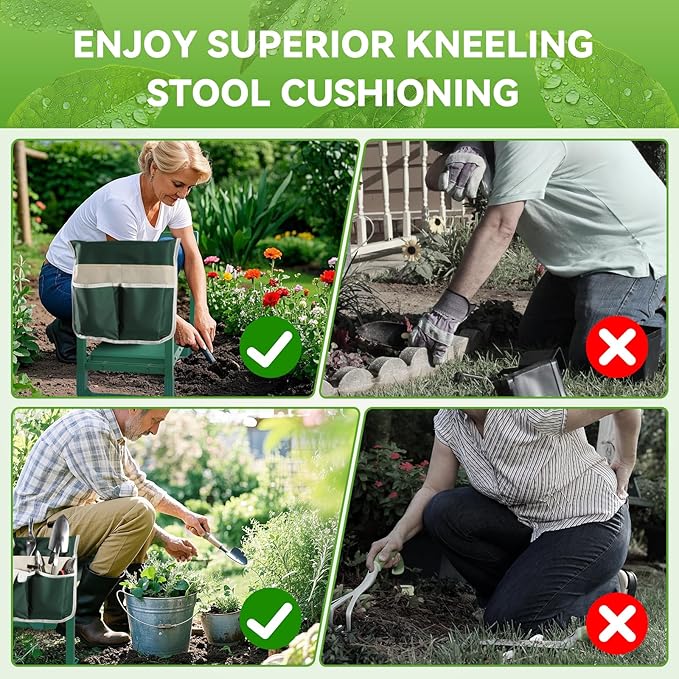 Garden Kneeler and Seat with Anti-Tipping Design, 2-in-1 Heavy Duty Foldable Gardening Stool, Thick Soft Kneeling Pad, 2 Tool Pouches, 400 lbs - Perfect Gardening Gift for Women, Men, Seniors (Green)