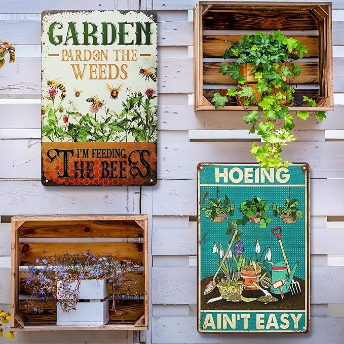 2 Pcs Funny Metal Tin Garden Sign 12'' x 8'' Gifts for Plant Lovers Women Grandma Mom Garden Decor Metal Tin Sign for Farmhouse Greenhouse Patio Yard Wall Decor Indoor Outdoor(Home, Bee)