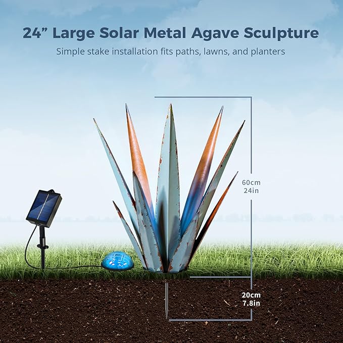 24” Large Solar Metal Agave Plants Outdoor Decor, Tequila Rustic Sculpture Outdoor Statues, Garden Sculpture for Patio Path Courtyard and Lawn (Vintage Blue-Solar Light)