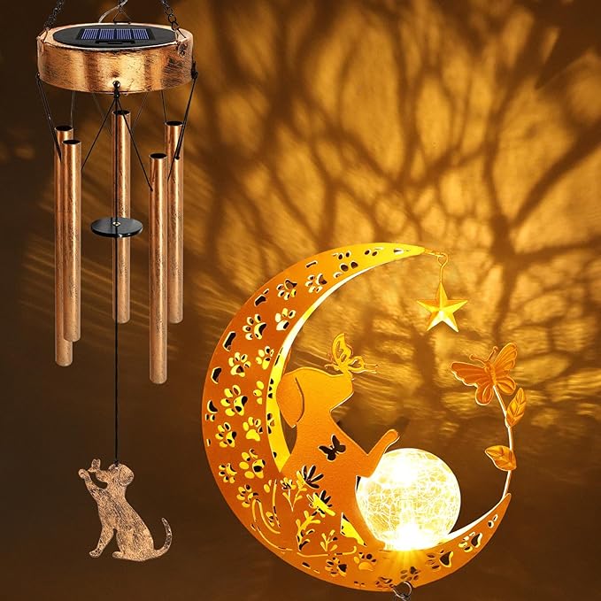 Solar Moon Dog Wind Chimes for Outside, Dog Lover Gifts for Mom Women Men Birthday Mothers Day, Hanging Outdoor Decor Cracked Glass Ball Memorial Wind Chimes for Garden Patio Porch