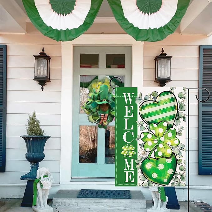 Artofy Welcome St Patricks Day Small Decorative Garden Flag, Lucky Shamrock Clover Love Heart Yard Outside Decor, Irish Spring Polka Dots Stripes Burlap Outdoor Home Decoration Double Sided 12 x 18