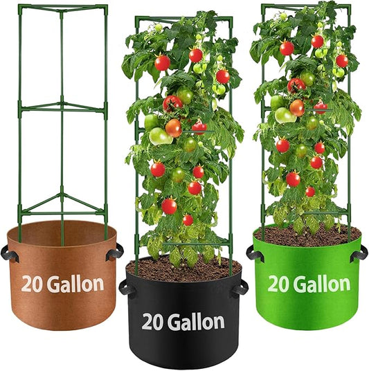 Suntee 3 Pack Tomato Cage with 20 Gallon Grow Bags, 48 Inch Tomato Cages for Garden Patio Balcony, Adjustable Height Tomatoes Plant Support for Climbing Vegetables Plants Flowers