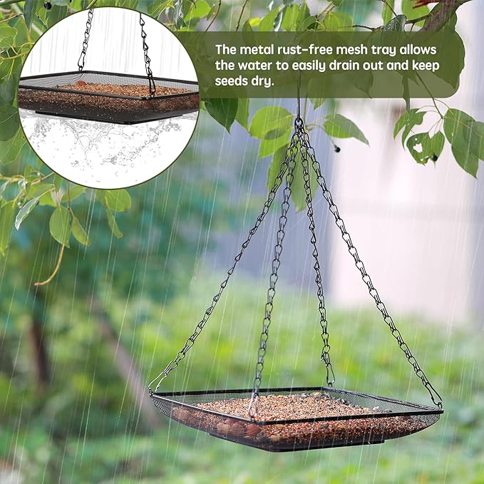 MIXXIDEA Hanging Bird Feeder Tray 11x11 Inches, Metal Mesh Platform Seed Feeder with Durable Chains for Outdoors Outside Great for Attracting Wild Birds, 2 Pack