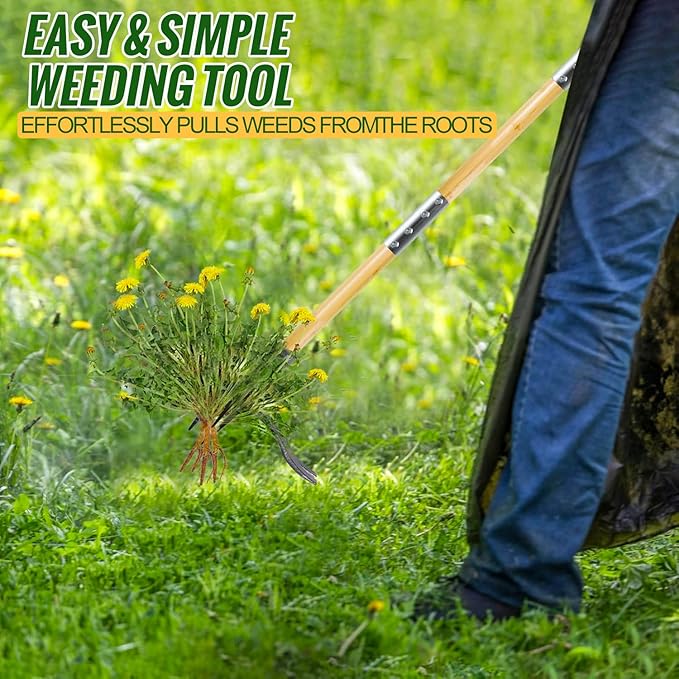 Weed Puller Tool, Stand Up Heavy Duty Weed Remover Tool with Long Handle & 4-Claw Steel Head, Bamboo Garden Hand Weeding Tool - Easily Remove Weeds Without Bending, Pulling,or Kneeling