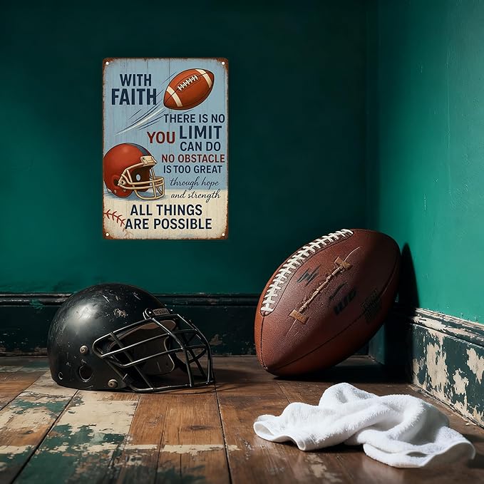 Funny Football Faith Metal Sign – Vintage Christian Sports Wall Art for Locker Room, Bedroom, or Gym – Motivational Football Gift for Athletes, Coaches, and Football Fans (FOOTBALL)