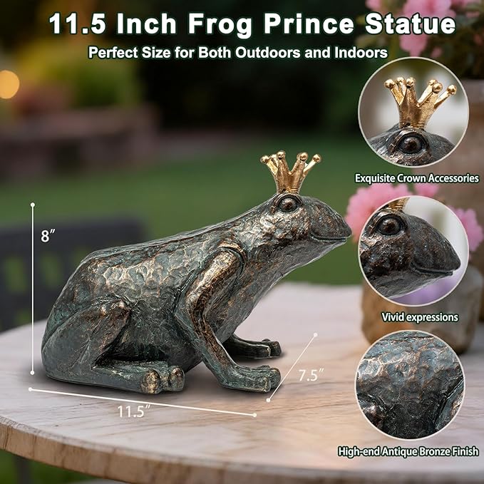 Crouching Frog Prince Garden Statue, Yard Decorations Outdoor Decor, Weather-Resistant Animal Figurines & Sculptures for Patio & Porch, 11.5" L×8" H