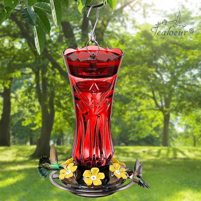 Hummingbird Feeders for Outdoors, Durable Hanging Humming Birds Feeders with 6 Bee Guard Feeding Ports & Built-in Ant Moat, Easy to Clean, Ideal for Garden Decor, 18 OZ, (1, Red)
