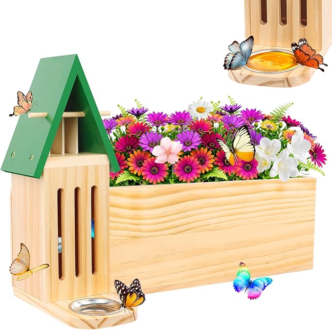 Butterfly House and Feeder with Flower Pot for Outside, 3-in-1 Wooden Butterfly House for Garden, Natural Butterfly Habitat with Butterfly Puddler for Garden Decor