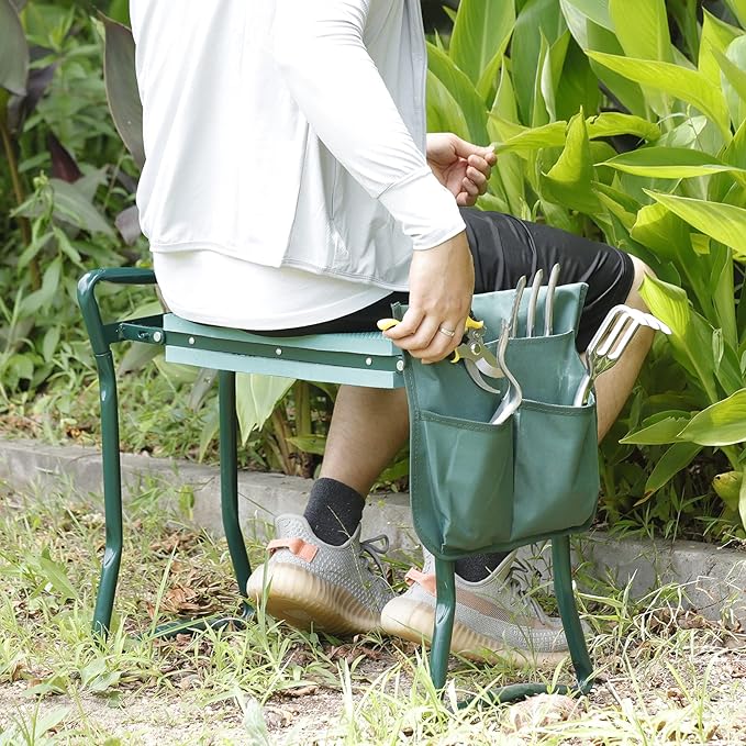 Smartxchoices Folding Garden Kneeler Seat Garden Bench Stool with Handles, Multi-use Pouch, Heavy Duty Yard Gardening Chair with Soft Kneeling Pad,Green