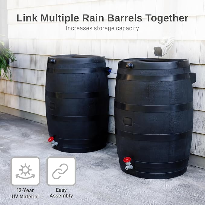 RTS Home Accents 50-Gallon ECO Rain Barrel Made with 100% Recycled Plastic, Flat Back Rain Water Collection Barrel, Soaker Hose Included, Black