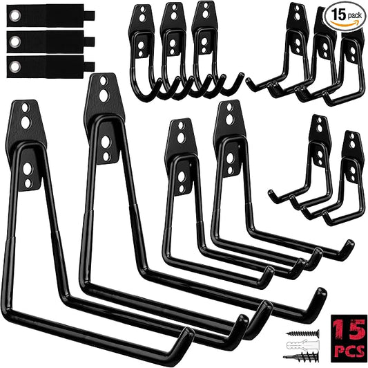 Garage Tool Storage Wall Hook Assortment Set: 15PCS Heavy Duty Large Hanger Garden Tool Organizer Ladder Bike Rack Yard Tool Holder Shed Shovel Metal Screw Organization Bicycle Steel Bracket