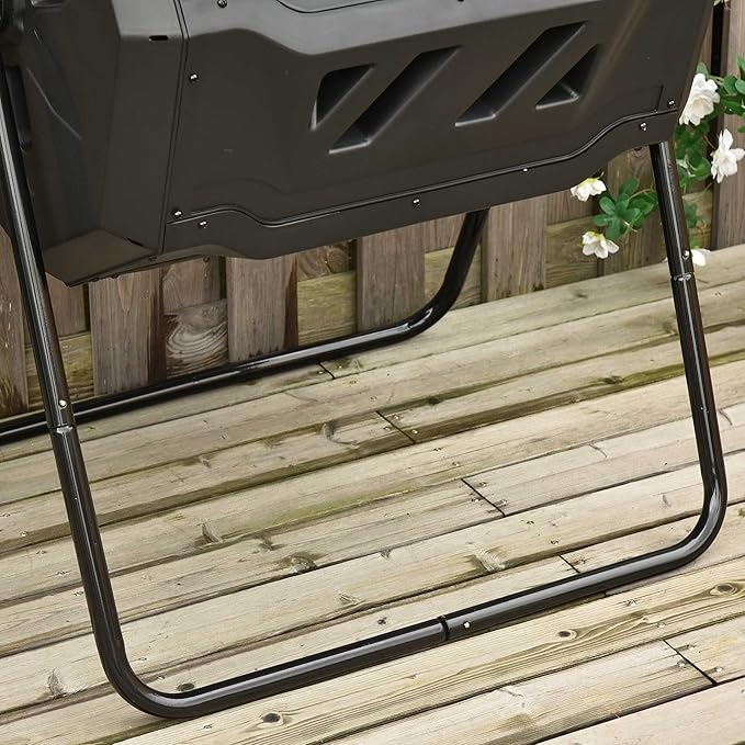 Compost Bin Outdoor, 43 Gallon Dual Chamber Tumbling Composting with Sliding Doors, Large Compost Tumbler, Compost Bin for Garden, Kitchen, and Yard Waste, Black+Green