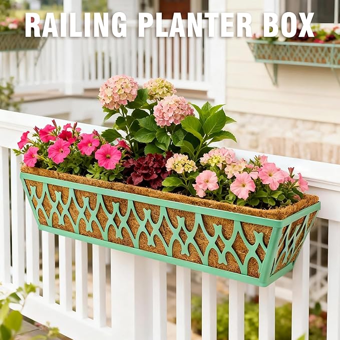 6 Pack 30 Inch Window Boxes Planters Railing Planter Box with Adjustable Brackets for Porch Fence Patio Balcony Hanging Flower Baskets with Coco Liners for Outdoor Garden Decor - Green