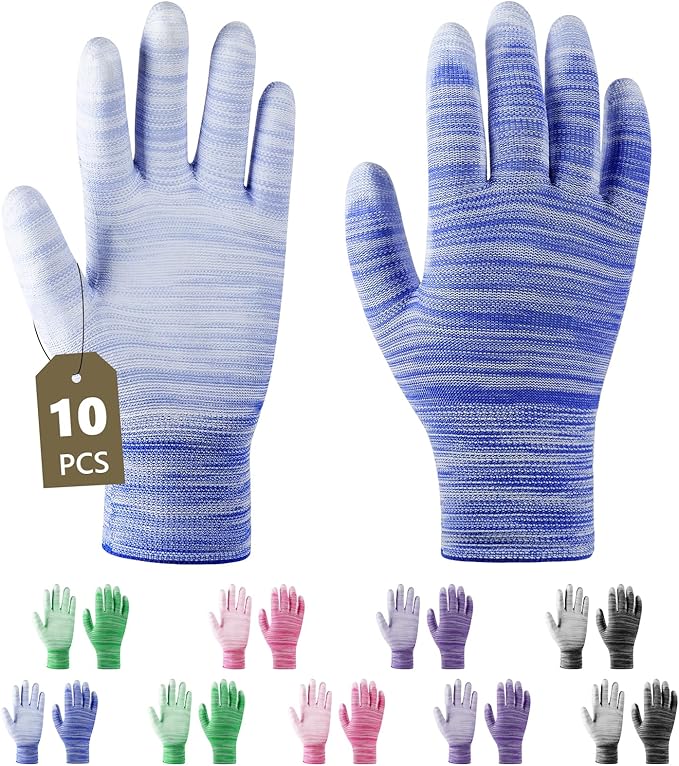 Ainiv 10 Pairs Red Gardening Gloves for Women, PU Coated Polyester Knitting Garden Gloves, Non-Slip Grip Work Gloves Women