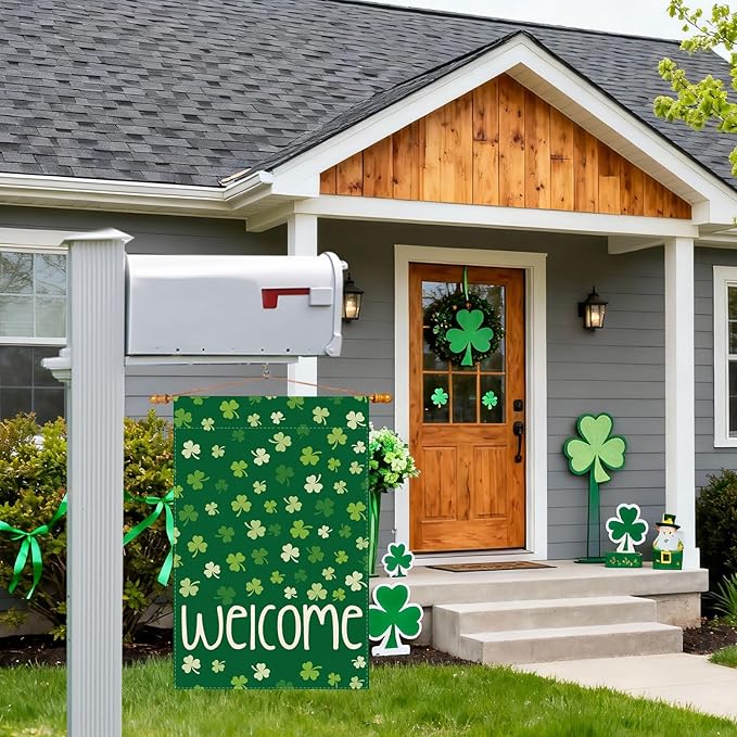 Welcome St. Patrick's Day Green Shamrocks Clovers Garden Flag Yard Flag 12x18 Inch Double Sided Small Mini Yard Outdoor Outside Holiday Decoration