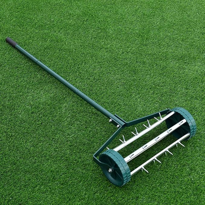 Goplus Rolling Lawn Aerator, 18-Inch Garden Yard Rotary Push Tine Heavy Duty Spike Soil Aeration, Manual Lawn Aeration Tool w/ 41-Inch Handle (Silver)