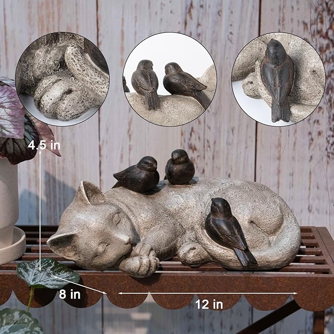 Sleeping Cat Garden Statues Outdoor - 12" Sparrows On Cat Figurine Memorial Statue Grave Markers Garden Resin Statues for Outdoor Decor Outdoor Statue Resin 12" x 8" x 4.5"