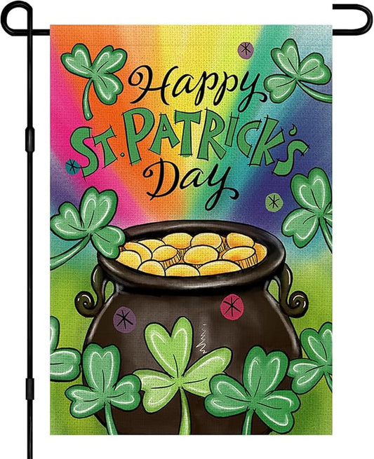 Happy St Patrick's Day Garden Flag 12x18 Inch Double Sided Burlap, Green Lucky Clovers Shamrock Gold Coin Sign for Farmhouse Yard Outdoor Decor DF430