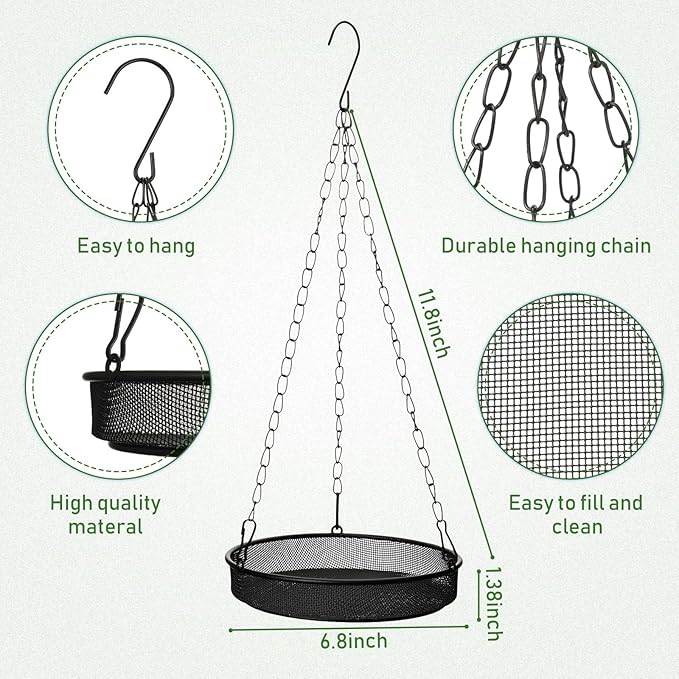 4 Pieces Hanging Bird Feeder Tray Platform Metal Mesh Feeder Seed Platform for Bird Feeding Outside Outdoors Wild House Hanging for Attracting Birds, Black(Round)