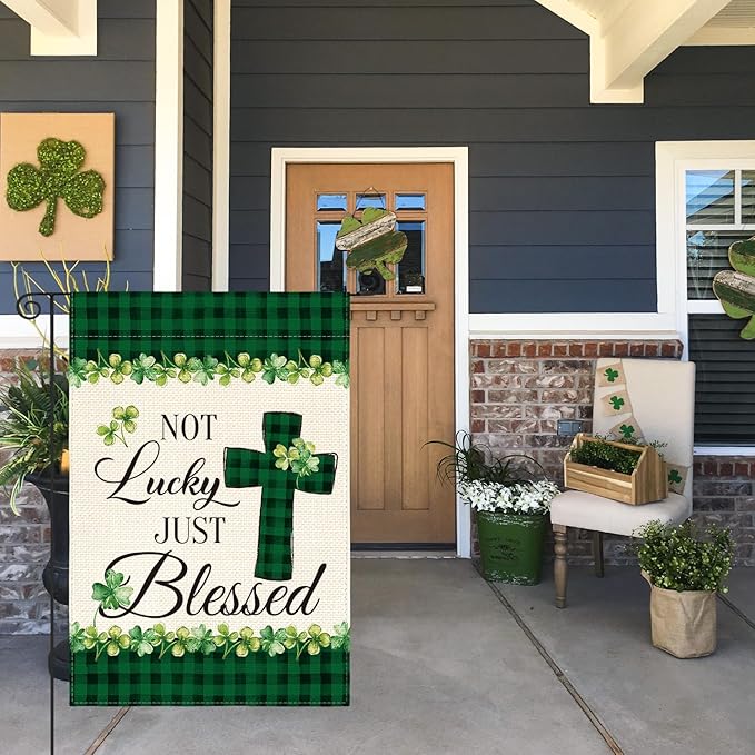 AVOIN colorlife Lucky Clover St Patricks Day Garden Flag Vertical Double Sided, Buffalo Plaid Rustic Farmhouse Shamrock Yard Outdoor Decoration 12 x 18 Inch, Green