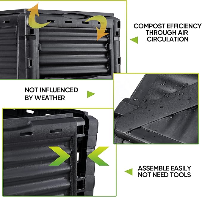 F2C Compost Bin 80 Gallon,Includes Gloves, Large Compost Bin w/Top Flip Latch-on Lid, Bottom Exit Door Aerating Outdoor Garden Compost Box,BPA Free Material for Backyard Outdoor, Black