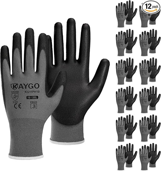 KAYGO Work Gloves for Men and Women, 12 Pairs Seamless Knit PU Coated Safety Gloves, with Smooth Grip on Palm and Fingers, Ideal for Light Warehouse, Manufacturing, Gardening, KG11P (XL,Gray)