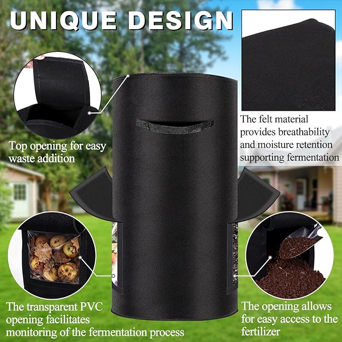 Compost Bins Outdoor with Observation Windows, 34 Gallon Reusable Home Compost Bucket for Outside Garden, Backyard, Heavy Duty Nonwoven Fabric Yard Waste Bag (1 Pack, Black)