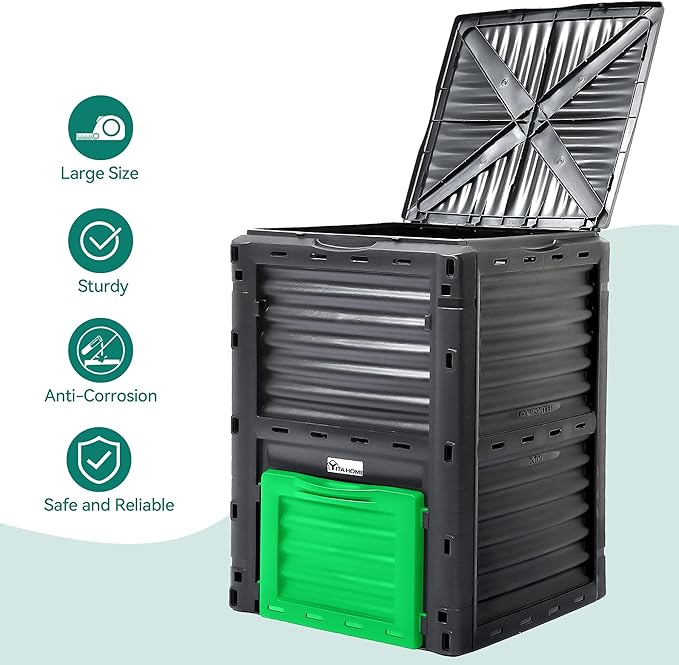 YITAHOME Large Outdoor Compost Bin, 80 Gallon (300L) Composter Box with Snap-on Top Lid and Aeration System, Lightweight Garden Compost Barrel Tumbler, Easy Assembly, BPA Free, Green