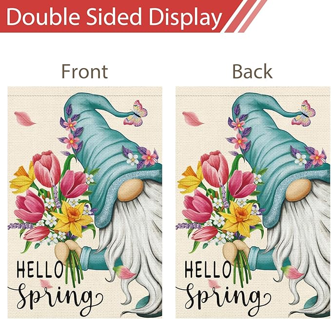Hello Spring Gnome Garden Flag 12x18 Double Sided Burlap Butterfly Floral Garden Yard Banner for Summer Rustic Seasonal Outside Outdoor House Decoration (ONLY FLAG)