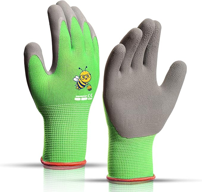 Ages 3-5 Kids Gardening Gloves,Yard Work Gloves for Toddlers, Youth, Girls, Boys, Childrens, Soft Safety Rubber Gloves (XXXS Age 3-5, 1 Pair Green Bee)
