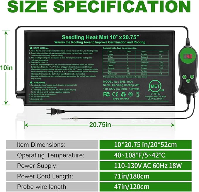 Seedling Heat Mat with Built-in Temperature Controller, 10" x 20.75" Waterproof Plant Heating Pad with Thermostat for Indoor Seed Starting Germination Hydroponics