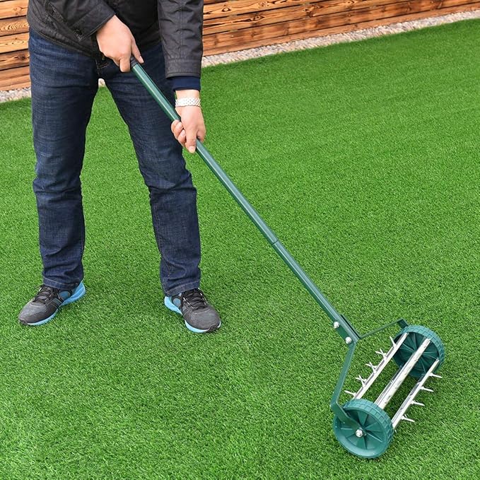 Goplus Rolling Lawn Aerator, 18-Inch Garden Yard Rotary Push Tine Heavy Duty Spike Soil Aeration, Manual Lawn Aeration Tool w/ 41-Inch Handle (Silver)