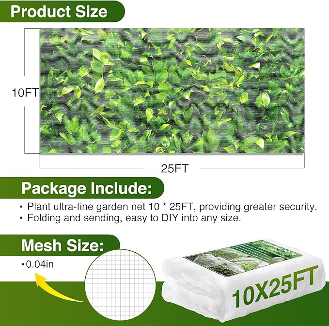10 X 25FT Garden Mesh Netting Barrier,Fruit Tree Plant Netting for Vegetable Blueberry Bushes Plant Row Cover Screen Protection