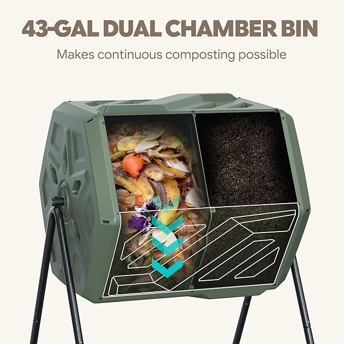 Updated 43 Gallon Dual-Chamber Compost Bin, Fast Assembly Outdoor Compost Tumbler, Rotating Batch Composter Bin with Gloves for Garden, Kitchen, and Yard