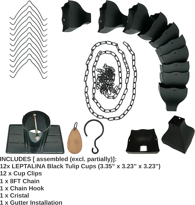 Original 9FT Black Tulip Iron Rain Chains for Gutter and Rain Barrel, Replacement for Downspout, Rust-Resistant Plated Garden Décor Rain Chain, Bonus Rain Chain Gutter Adapter, Earrings for House
