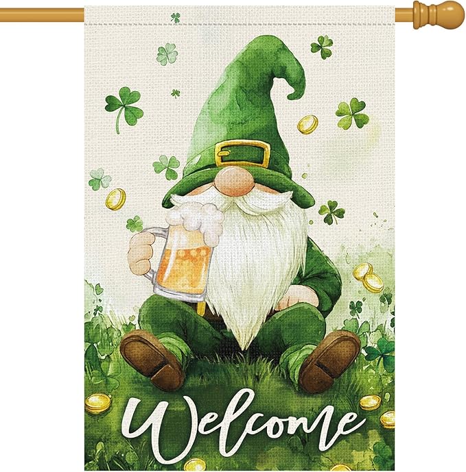 St Patricks Day Gnome House Flag 28x40 Inch Double Sided，Lucky Shamrocks Large Burlap Flag Welcome Irish Holiday Yard Outdoor Decor