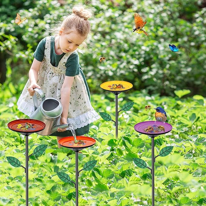 4 Pack Bee Watering Stations, Bee Feeders for Garden with 40PCS Glass Marbles,Colorful Bee Butterfly Bath Bowl Waterer, Metal Bee Water Feeder for Outdoor Yard Courtyard Decor (4Pcs-A)