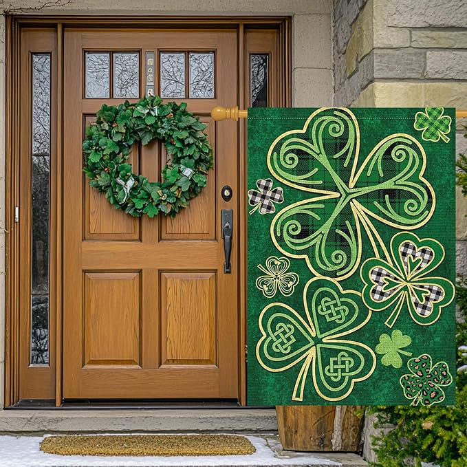 Louise Maelys Welcome St. Patrick's Day Garden Flag 28x40 Double Sided with Tag, Burlap Spring Large Lucky Shamrock Clover Yard Sign Buffalo Plaid Home Outside Outdoor Decor