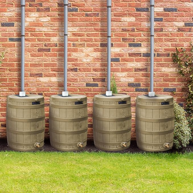 Good Ideas Rain Wizard 50 Gallon Plastic Outdoor Home Rain Barrel Water Storage Collector with Brass Spigot and Flat Back Design, Khaki (4 Pack)