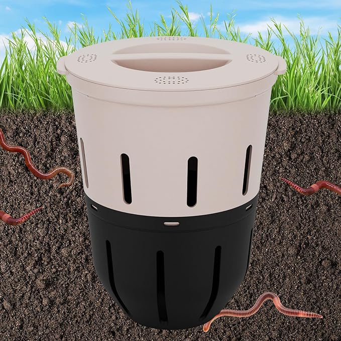 Inground Worm Composter, Outdoor Underground Worm Farm 3.3 Gallons, Garden Worm Compost Bin from Kitchen Food Waste, Black+Gray (10.7x10.7x13Inch)