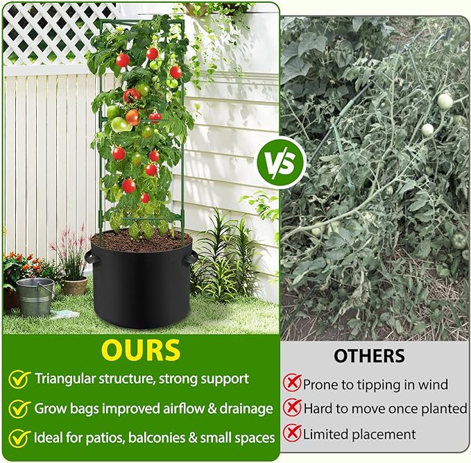 Suntee 3 Pack Tomato Cage with 10 Gallon Grow Bags, 48 Inch Tomato Cages for Garden Patio Balcony, Adjustable Height Tomatoes Plant Support for Climbing Vegetables Plants Flowers
