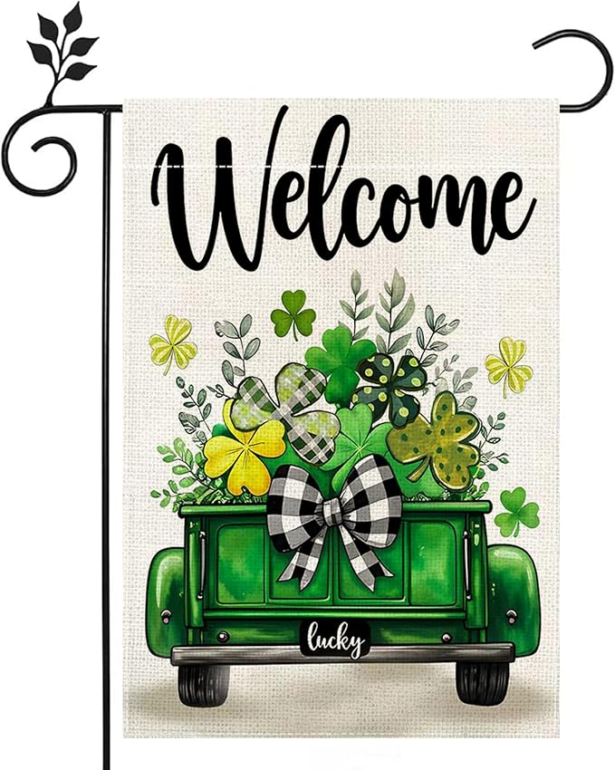 St Patricks Day Truck Garden Flag 12x18 Inch Double Sided Outside Shamrocks Clovers Welcome Yard Flag for Outdoor Farmhouse Holiday Outside Decoration