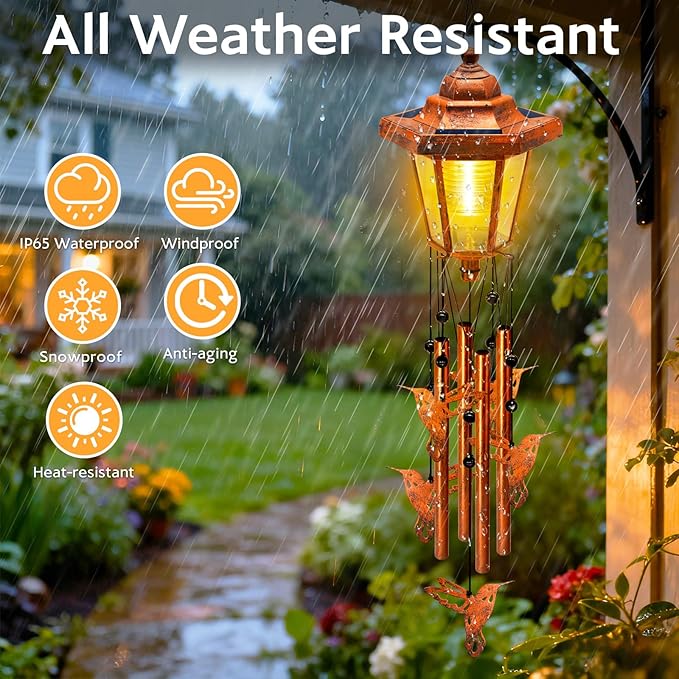 Large Solar Hummingbird Wind Chimes with Wind Catcher/Solar Decor Light to Create a Zen Atmosphere Suitable for Outdoor, Garden, Patio Decor Classic Bronze Wind Chimes as A Memorial Gift for Unisex