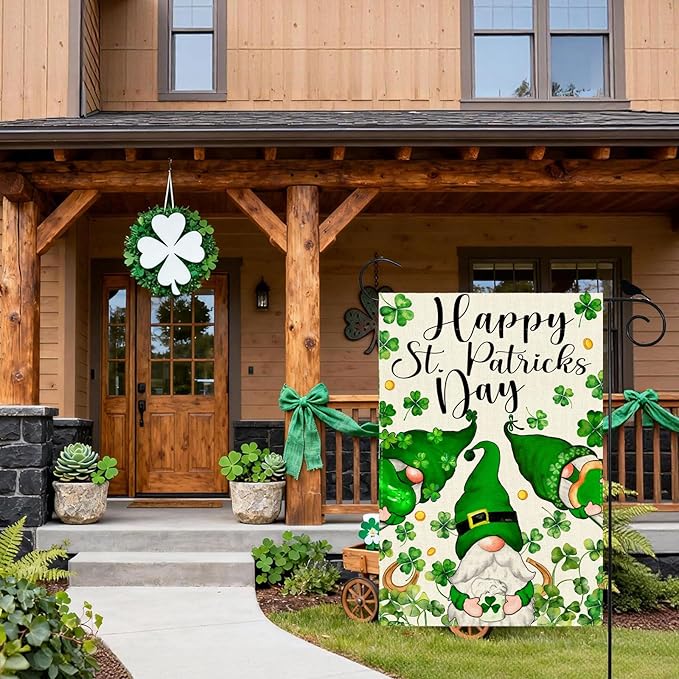 Gnomes Green Shamrocks Clovers St. Patrick's Day Garden Flag 12x18 Inch Double Sided Small Mini Yard Flag Outdoor Outside Holiday Party Decoration