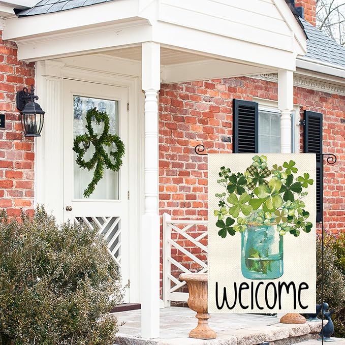 AVOIN colorlife Welcome Watercolor Lucky Clover St Patricks Day Garden Flag Double Sided, Shamrock Jar Yard Outdoor Flag 12x18 Inch