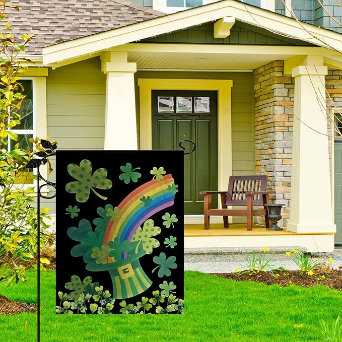 St Patricks Day Garden Flag, Double Sided Burlap Top Hat St Patrick's Day Garden Flag,12x18 Inch Small Sharmrock Vertical Spring Summer Holiday Yard Outdoor Home Decoration