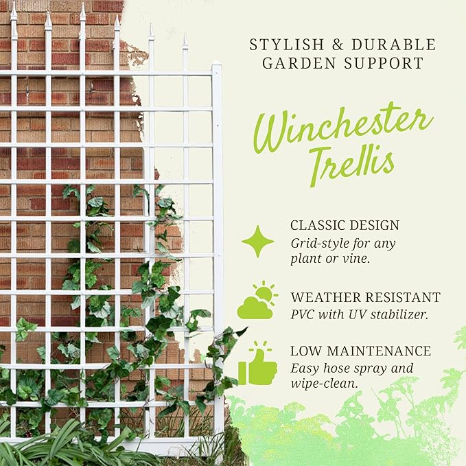 Dura-Trel Winchester Vinyl Trellis, Outdoor Plant Support Frame, 57" x 95", White - Decorative Grid-Style Lattice for Climbing Vines & Flowers, Use Against Walls or Fences