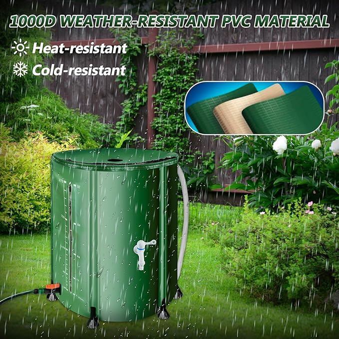 53Gallon/200L Rain Water Collection Barrel, Portable PVC Rain Barrels to Collect Rainwater from Gutter, Large Capacity Rainwater Collection System with Water Level for Garden Water Catcher, Green